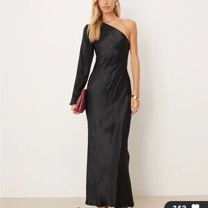 ASOS One-Shoulder Black Satin Gown with Single Long Sleeve